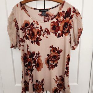 Women's Adele & May Cream/Blush Pink Flower/Puff Short Sleeve Blouse SZ XL